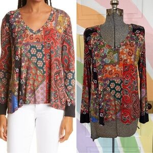 Johnny Was Moa Favorite Patchwork Paisley Bohemian Long Sleeve Top Sz XS 🧡🍄